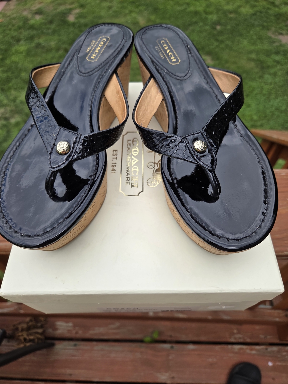 Coach Black Patent Leather Jorgina Cork Wedge Sandals with Box - Size 7.5